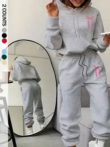 Women's Fashionable Loose-Fit Hooded Sweatshirt Set, Bow Print Design, Comfortable Casual Wear, Perfect for Daily
