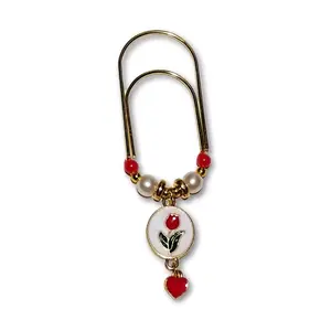 Rose Charmed Clip Beaded Bookmark & Budget Binder Clip Handmade with Sealed Ends Dangle Charm Charmed Paper Clip with Red Beads and Heart Charm