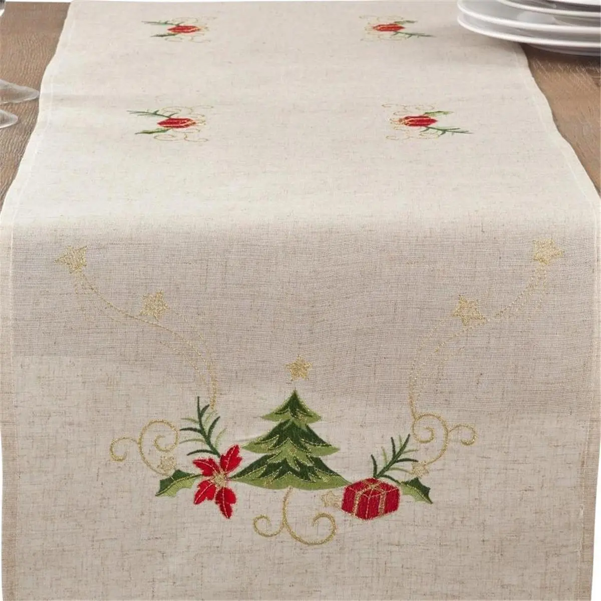 16 x 108 in. Embroidered Christmas Tree Design Linen Blend Oblong Table Runner