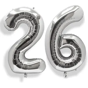 40 Inch Large 26 Balloon Numbers Silver, Big Foil Number Balloons, Giant Helium Happy 26th Birthday Party Decorations for Man and Women, Huge Mylar 62 Anniversary Party Supplies