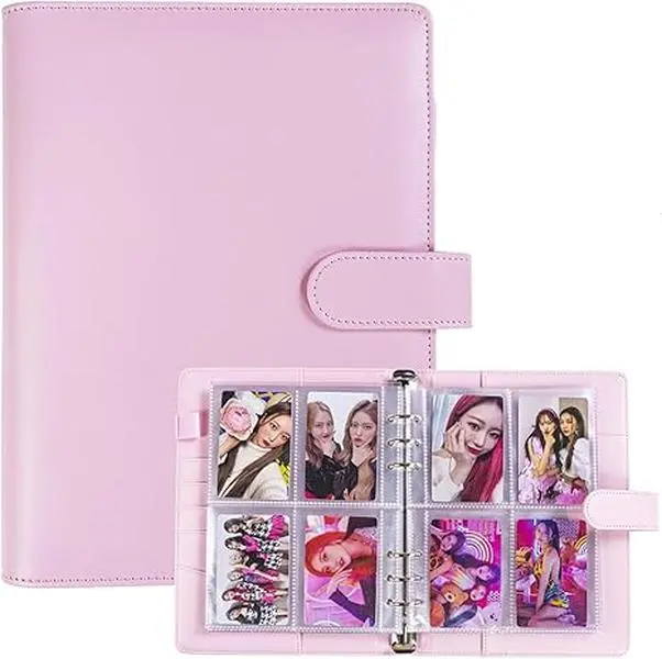 A5 Kpop Photocard Binder with 30 Pack 4-Pocket Card Pages, 6 Ring A5 Binder Card Collector Album with 240 Card Slots,PU Leather Binder Cover with Magnetic Buckle Closure for Organizing Trading Card,Pink