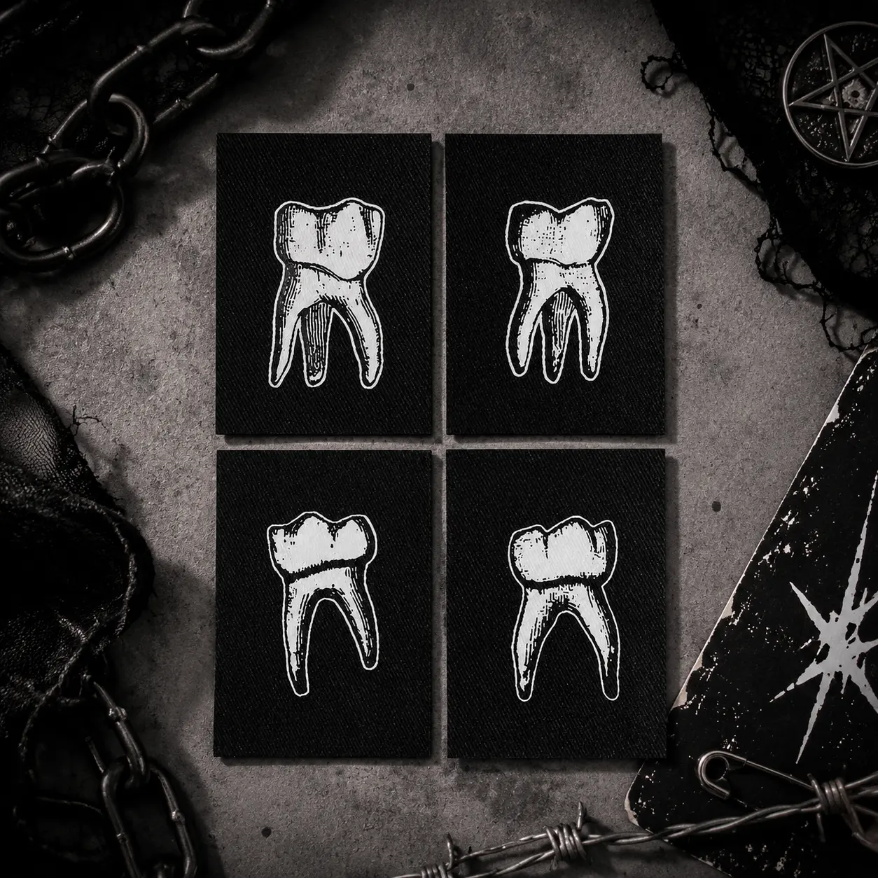 4PCS vintage molars tooth iron-on patches, gothic dark aesthetic embroidered sew-on badge, DIY clothing decor appliqué for denim jackets, backpacks, jeans, hats, punk metal witchy creepy teeth fashion accessories