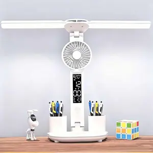 LED Desk Lamp with Fan Adjustable Foldable Table Lamp with Clock Date Fan Pencil Holder Temperature Rechargeable Desk Lamp Reading Lamp for Bedroom Study