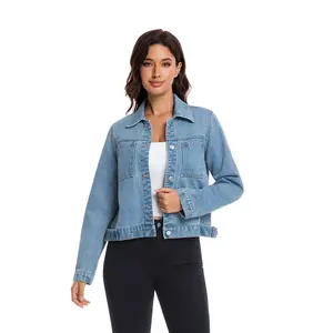 Women's Modern Fit Tailored Stretch Denim Jacket Light Wash Button Front Jean Coat Woven Fabric Comfortable Everyday Wear Casual Style Womenswear Tops