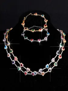 Women Matching Jewelry Set Heart Pattern Elegant Copper Zirconia Rainbow Color Bracelet Necklace Daily Wear Party Wedding Gift