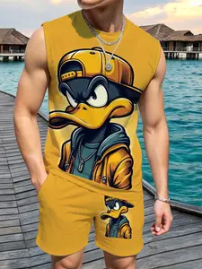 Men's 2-Piece Casual Set, Sleeveless Round Neck Vest and Shorts, Cute Duck Cartoon Print, Tropical Fashion Summer, Daily Wear