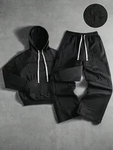 Men's Young Fashion Hoodie Sweatshirt & Straight Leg Knit Pants Set, Retro Vintage Style, Casual Streetwear, Fall Winter