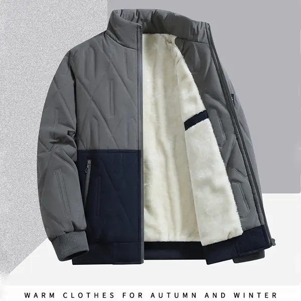 Fitted Plaid Menswear Jacket, Colorblock Fleece Pullover with Stand Collar, Long Sleeve Polyester Top, Do Not Dry Clean, Casual, Coat