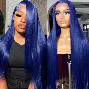 AMZHAIR Blue Colored Human Hair Wig 13x4 Transparent Hd Lace Frontal Wigs Guleless Wigs Bone Straight Lace Front Human Hair Wig For Women Brazilian Remy Human Hair Wig Navy Blue 13x6 Lace Front Wig Body Wave Human Hair Wigs Pre Plucked