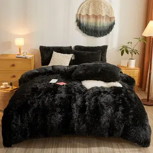 Shaggy Duvet Cover 5 Set, Faux Fur Black Comforter Set Queen - Plush Soft Crystal Velvet Bedding, Furry 5 Sets Pieces Queen Bed Set(Full/Queen, Black)