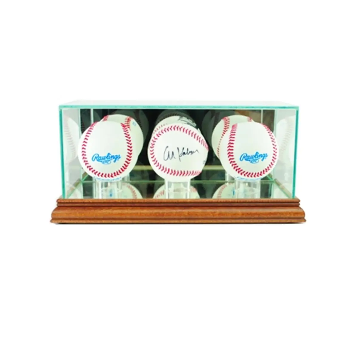 212 MAIN Triple Baseball Display Case - Walnut Wood, Glass Front, UV Protected, Perfect for Autographed Memorabilia and Sports Collectibles