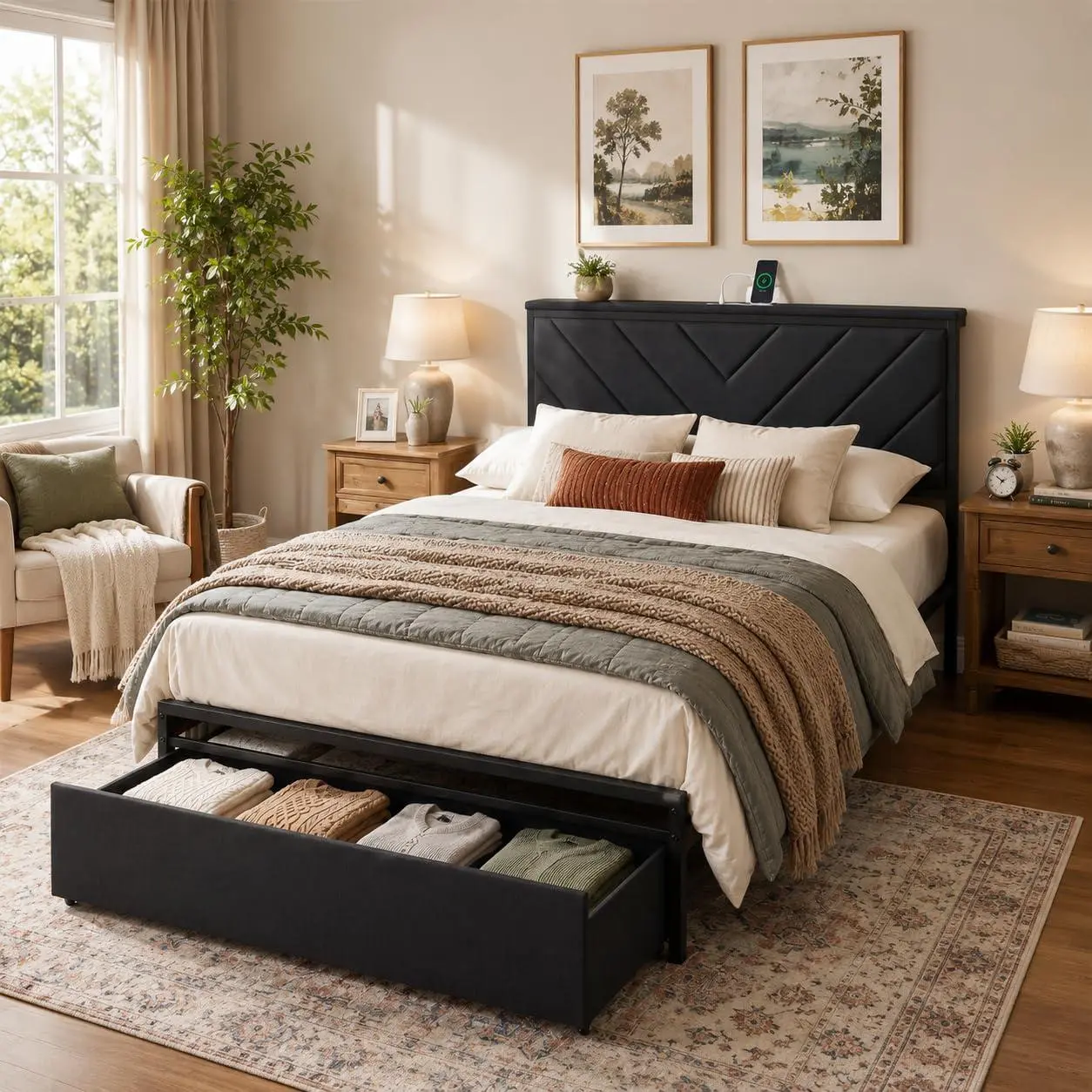 Twin Metal Bed Frame with Charging Station, Upholstered Headboard with Storage Shelf, 2 Rolling Drawers, Under Bed Storage, Platform Bed Frame, No Box Spring Needed, Easy Assembly, Black