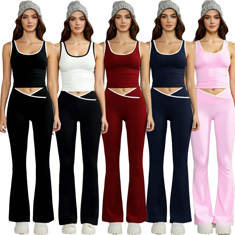 Women's 2-Piece Quick Dry Gym Set - Flare Crossover V-Cut Leggings, Tank Tops, Elegant Black Activewear Tracksuit, Flexible for Yoga, Workout, 2 Piece Sets, Women 2 Piece Sets