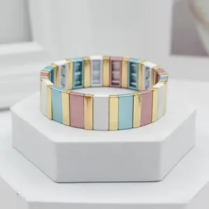 Luxury Macaron Couple Bracelets-RA Enamel Rectangle Block in Soft Hues, Unisex Matching Set