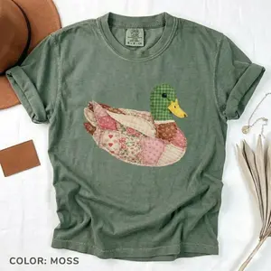 ( FAUX PATCHWORK-PRINT ) Comfort Colors Mallard Duck Printed TShirt, Patchwork Duck Graphic Tee, Cottagecore Farm Animal T-Shirt - TrendWear USA