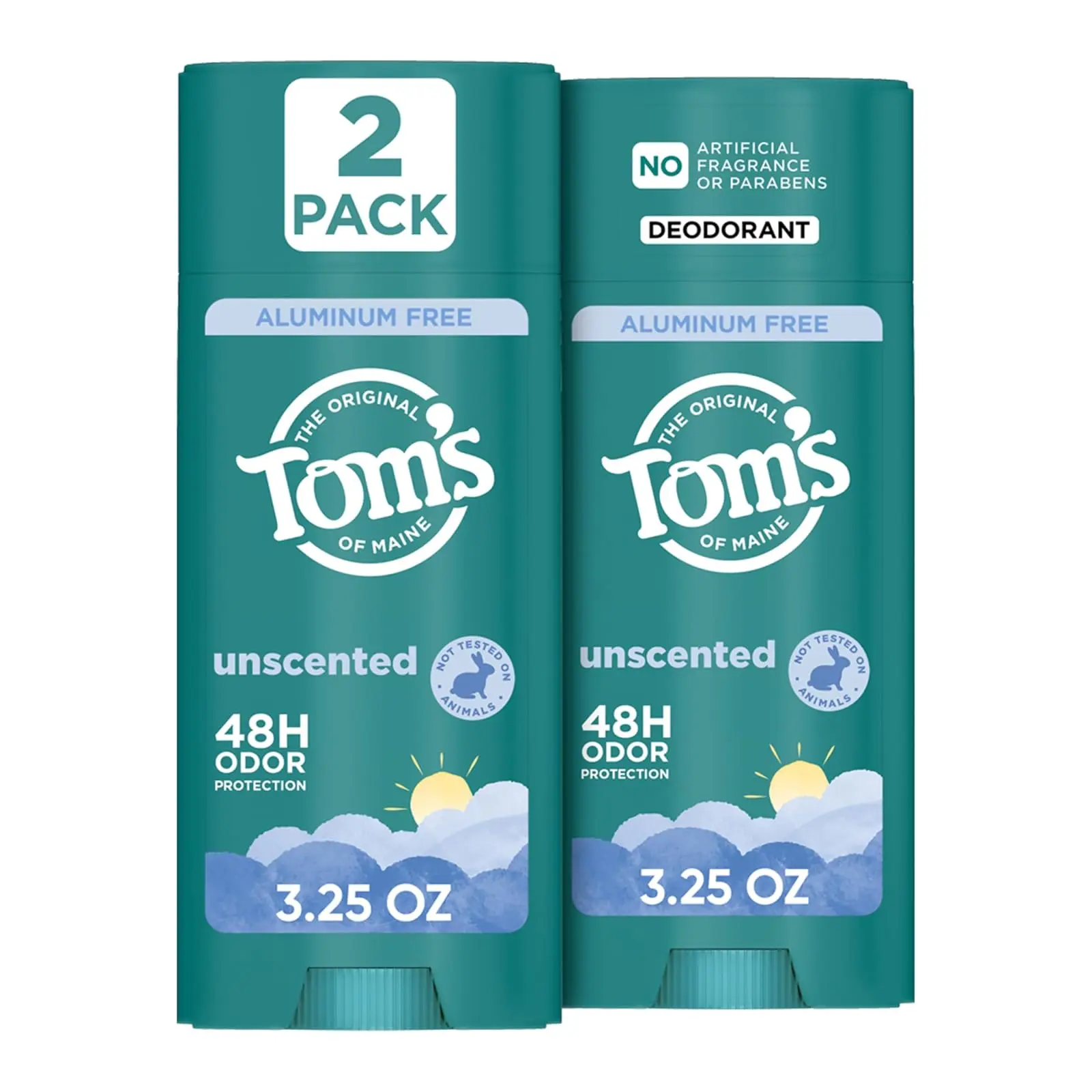 Toms of Maine Unsecented Aluminum Free Natural Deodorant, 3.25 oz (2 Pack) | No Artificial Fragrances, Dyes, or Preservatives, Baking Soda Free, 48-Hour Odor Protection