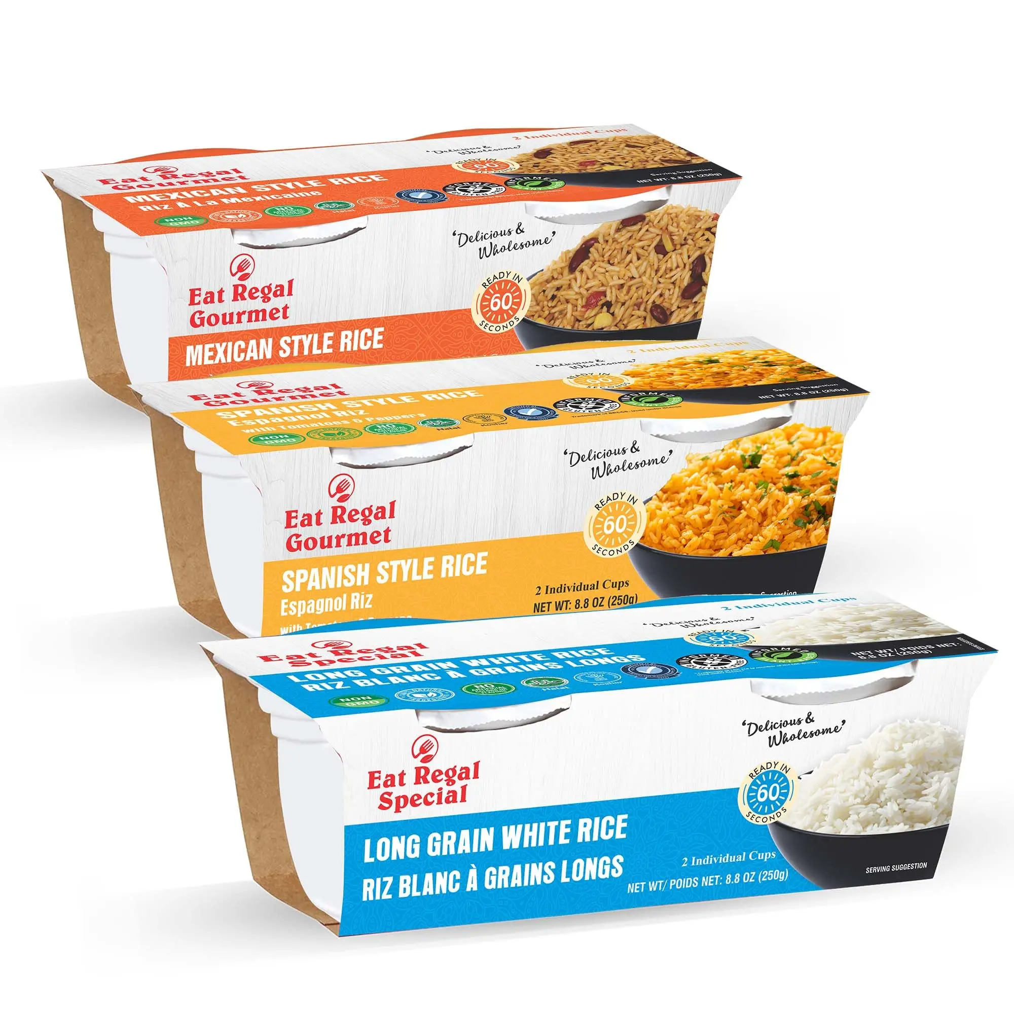 Eat Regal Ready-to-Eat Rice Cups Variety Pack – Long Grain White Rice (6), Mexican Style Rice (6) & Spanish Style Rice (6) | High Protein & Fiber, Ready in 1 Minute| Vegan, Gluten-Free, Non-GMO | 8.8 oz (2x125g) Cups