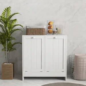 White Freestanding Tilt-Out Laundry Storage Floor Cabinet - 2-Compartment Hampers, Hidden Dirty Clothes Baskets, Towel & Toiletry Organizer, Ideal for Bathroom & Laundry Room
