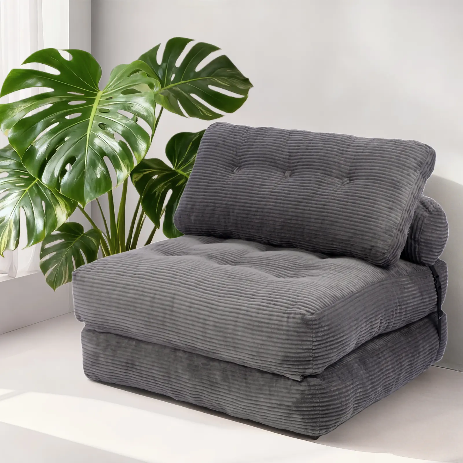 Single Convertible Folding Sofa Bed with Headrest & Lumbar Support Pillow, Portable Fold Out Comfort Floor Mattress Sleeper Chair, Multi-Purpose Lounge Sofa for Bedroom & Living Room, Available in Dark Grey and Beige