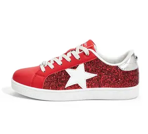LUCKY STEP Women's Fashion Star Sneaker Lace Up Low Top Comfortable Cushioned Walking Shoes with Glitter Star Pattern & Non-Slip TPR Outsole