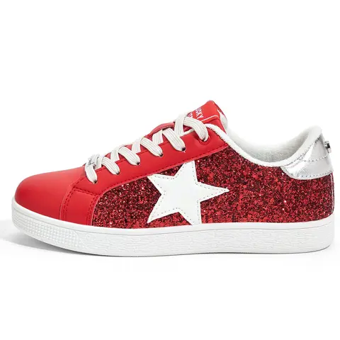LUCKY STEP Women's Low-Top Girly Style Glamorous Casual Athletic Ankle Trainers - Lace-Up Round Toe Glitter Stars Cute Flats, Cushioned Synthetic Shoes for Women with Slip-Resistant TPR Outsole, All-Season Sohochic Wear, Cute Shoes