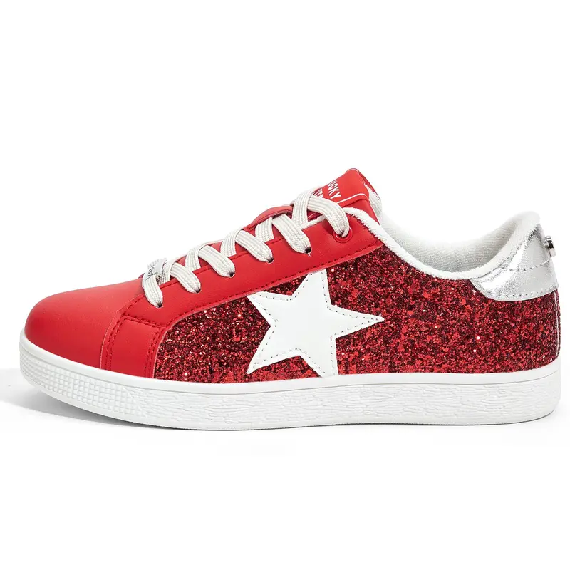 LUCKY STEP Women's Low-Top Girly Style Glamorous Casual Athletic Ankle Trainers - Lace-Up Round Toe Glitter Stars Cute Flats, Cushioned Synthetic Shoes for Women with Slip-Resistant TPR Outsole, All-Season Sohochic Wear, Cute Shoes