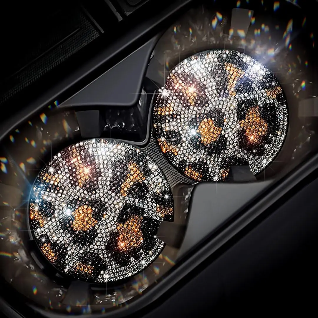 Car Interior Bling Cup Holder Coasters - Leopard Print Rhinestone Design, 2.75in Diameter, Anti-Slip, Enhances Visual Experience, 2-Piece Set for Family Use