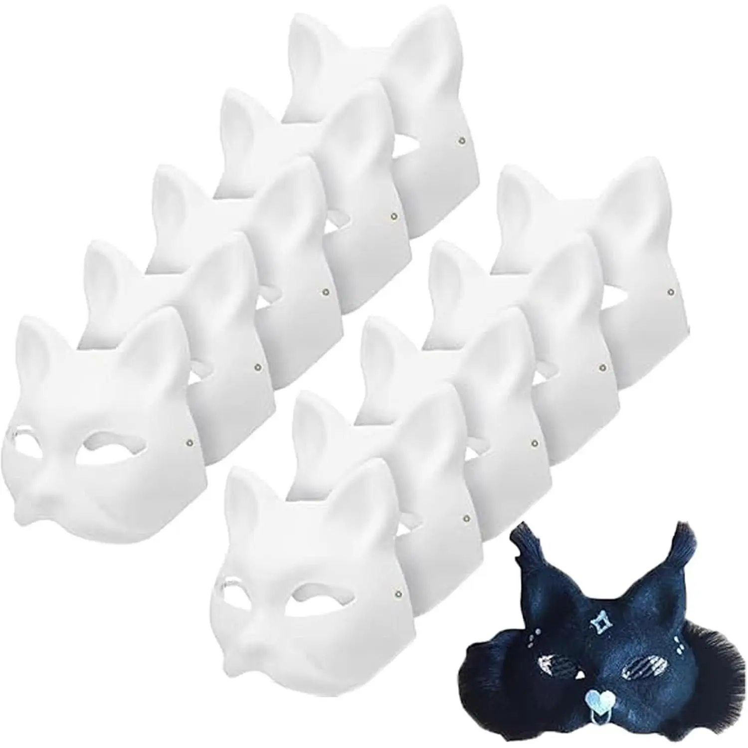 10-Piece Breathable Half-Face White Therian Cat Mask Set, 18.00x17.00x6.00cm Blank DIY Masks for Wedding, Halloween, Kids Cosplay (Festive Party Accessories for DIY Projects)