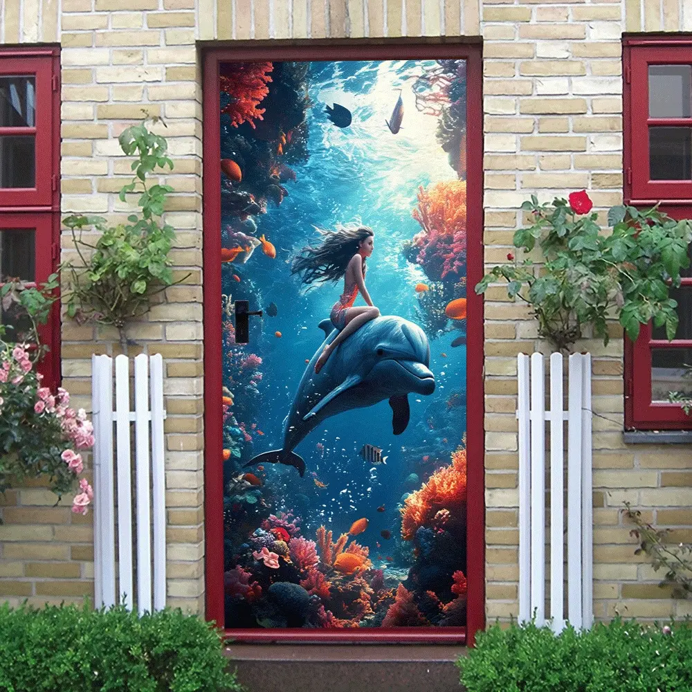 2pcs   Deep Sea Dolphin Princess Wall StickerUnderwater World Theme Decor for Bedroom Living Room Kids Room Waterproof Self Adhesive Removable Eco Friendly PVC Stereo Effect Ocean Creature Mural  Col