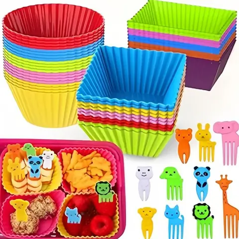 Random Color Bento Box Accessories, 50pcs/set Including 30pcs Food Storage Container Divider & 20pcs Animal Design Fork, Food Container Divider for Home Kitchen Picnic
