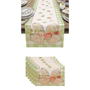 7-Piece Set Table Runner Placemat Pillowcase Blue Buffalo Check Bunny Ears Easter Decor, Seasonal Kitchen Dining Room Decoration