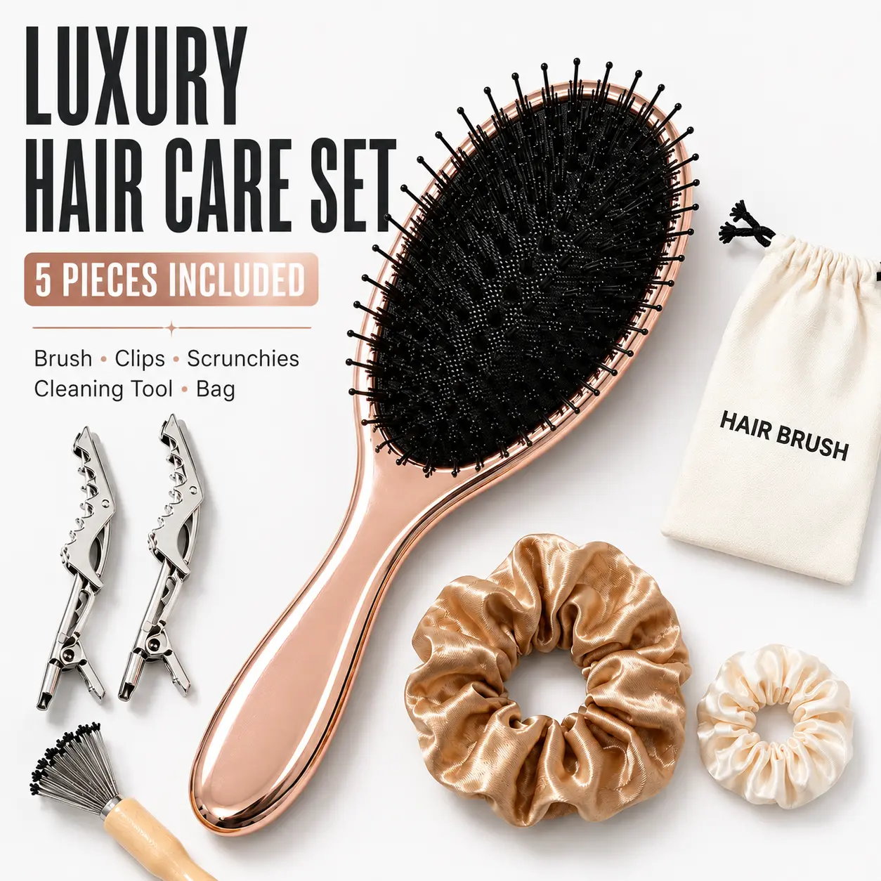 Women's Boar Bristle Brush - Rounded Tip Detangler for Thick, Long Locks - Anti-Frizz Smoother, Rose Gold Luxury Hair Care Set with Storage Bag & Accessories