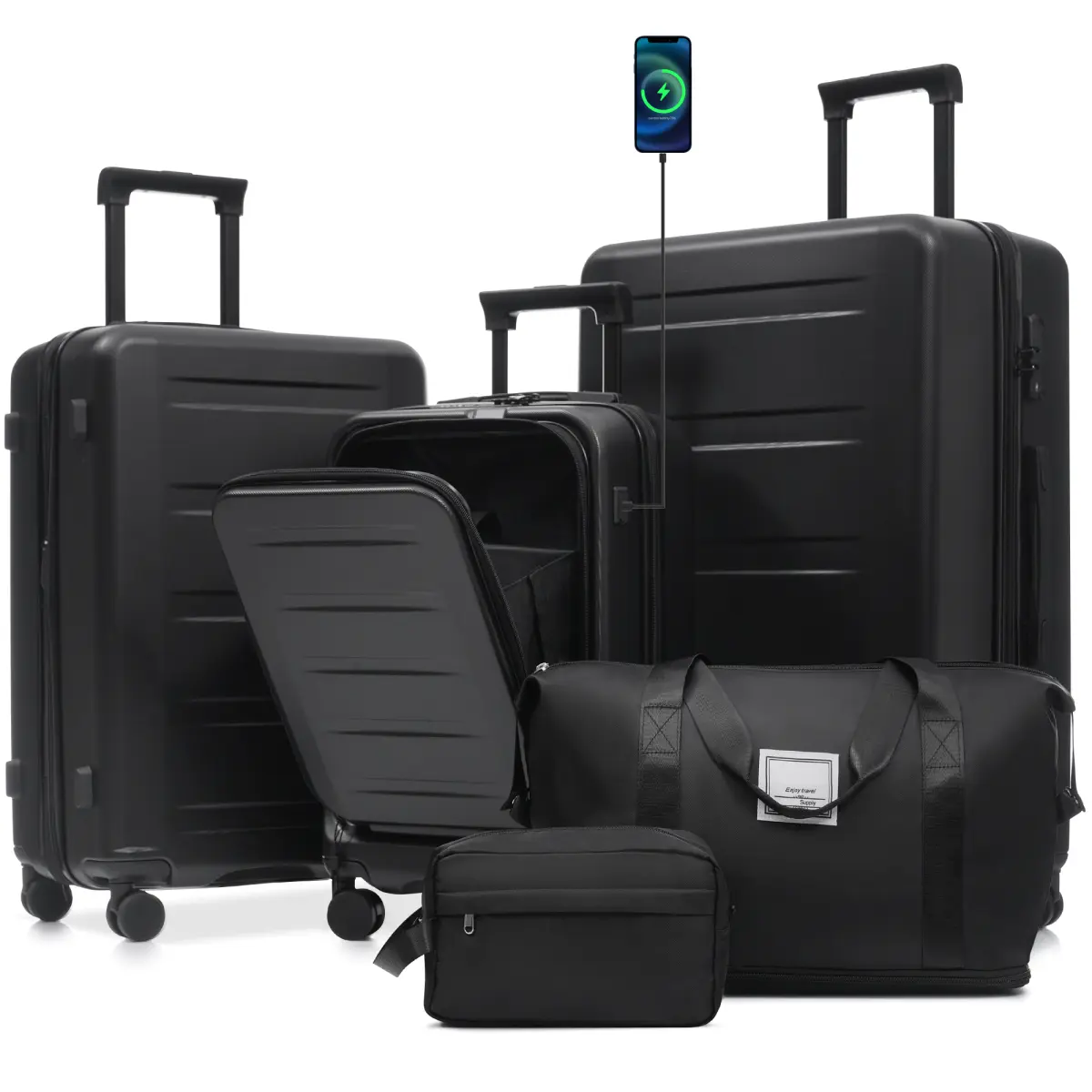 Aobtkel 5-Piece Hardshell Luggage Set with 20/24/28in ABS Plastic Suitcases, Front Opening Carry-On, USB Charge Port, TSA Locks, 360° Double Spinner Wheels, 20% Expandable Checked Bags, Handbag & Toiletry Bag