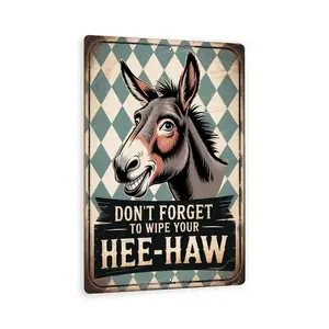 Funny Donkey Bathroom Sign – "Don’t Forget To Wipe Your Hee-Haw" Rustic Metal Wall Decor With Vintage Teal Pattern 8x12