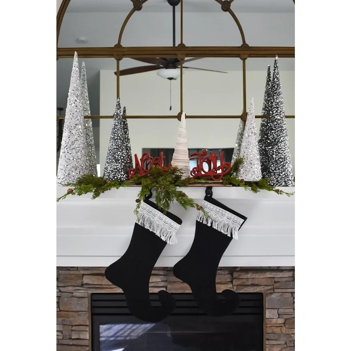 Black Velvet Christmas Stocking with White Fringe Trim