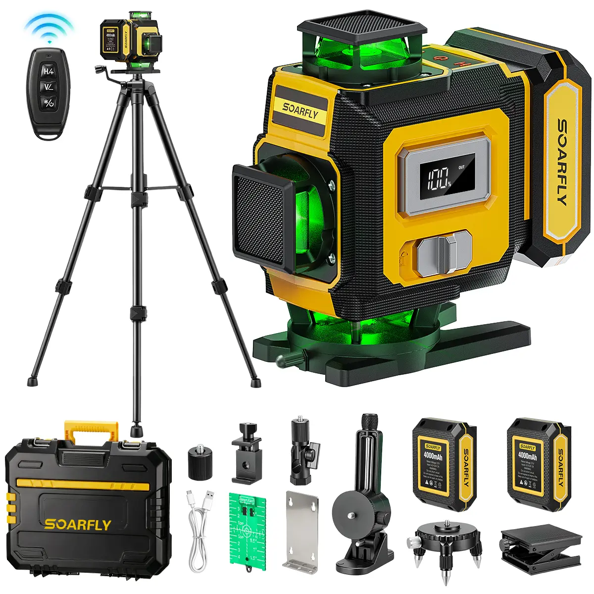 SOARFLY X16 Laser Level with Tripod, 4x360° Self Leveling Line Laser, 16-Line Green Laser, Cross Lines Tool with 2 Batteries for Tile, Picture Hanging, Home Renovation