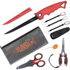 Fishing Tool Kit 8-Pack With Fillet Knife, Fishing Knife, Fishing Scissors, Fishing Pliers, Saltwater Fish Measuring Ruler, Anti-Lost Lanyard, Waterproof Storage Bag and Tackle Accessory Kit