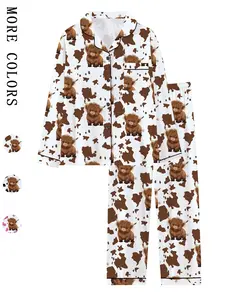 women &Teen  Cow Print Highland Cattle Pajama Set, Fall Winter Long Sleeve & Pants Homewear, Comfortable Cute