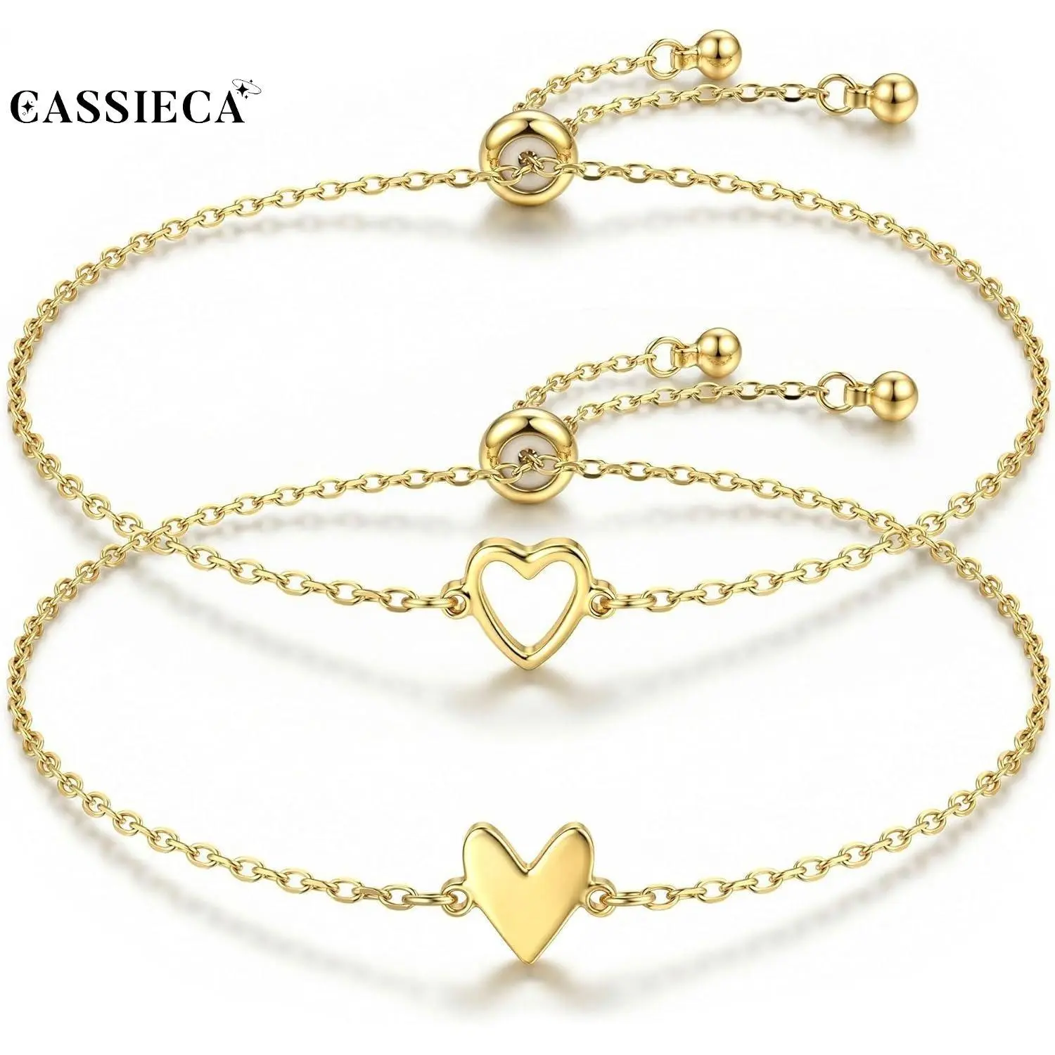 CASSIECA Friendship Bracelets for Women 2Pcs Matching Heart Bracelet Set 14K Gold Plated Dainty Link Chain Adjustable Jewelry Gifts for Best Friend Soulmate, Valentine's Day Gifts, Bracelet Stack, Dainty Look SummerVibes