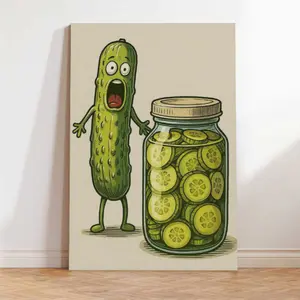 Fun pickled cucumber art posters, kitchen wall decorations, humorous food posters, quirky vegetable decorations