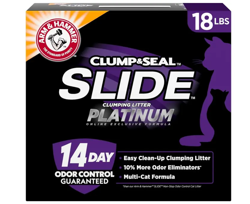 ARM & HAMMER Slide Platinum Easy Clean-Up Clumping Cat Litter, 18 lbs | 24/7 Odor Control, Triple-Action Freshness, Non-Stick, Easy Clean Up, Low Tracking, Multi-Cat Formula, Scented