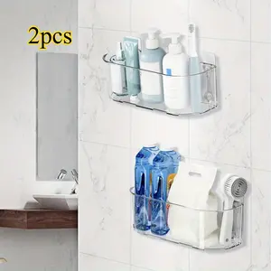2 Pcs Bathroom Storage Rack Wall Mounted Acrylic Storage Rack No Drilling Shower Organizer Clear Shelf Fashion Accessories
