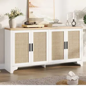 Garvee Natural Rattan Storage Cabinet with Shelves, 4-Door Sideboard Buffet Cabinet, Boho Console Table for Living Room, Entryway, and Dining Room