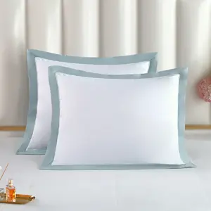 Long-staple Cotton Pillow Sham Set of 2, White + Misty Blue