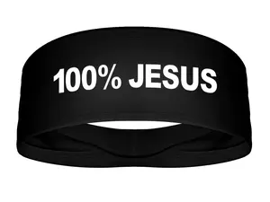 Black 100% Jesus 4" Wide Tapered Stretch Headband -  Soccer Fútbol Football Sweatband Athletics Sports Headwrap Ninja Bandana White Moisture Wicking Sweat Band