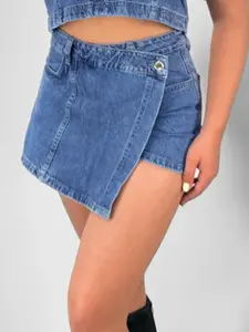 Mini Asymmetric Denim Culottes Women's Skirt Summer 2026 Elegant Y2K DarkBlue LightBlue Skort Sexy Wrap Mid Waist Skirt Pants Chic High Street Culottes Asymmetrical Hem Skirt