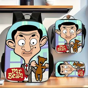 Mr. Bean Cartoon Print 3PCS Backpack Set, Funny Comedy Character School Backpack with Lunch Box & Pencil Case, Lightweight Durable Daypack for Kids Teens, Ideal Nostalgic TV Show Fans Gift