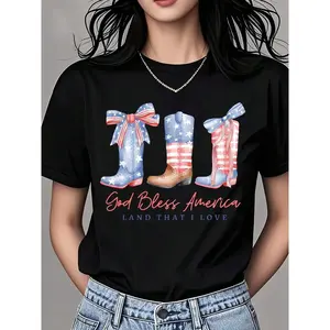 Women Round Neck T Shirt Patriotic Cowboy Boots With Stars And Stripes God Bless America Land That I Love Print Short Sleeve Casual Top For Independence Day Celebration