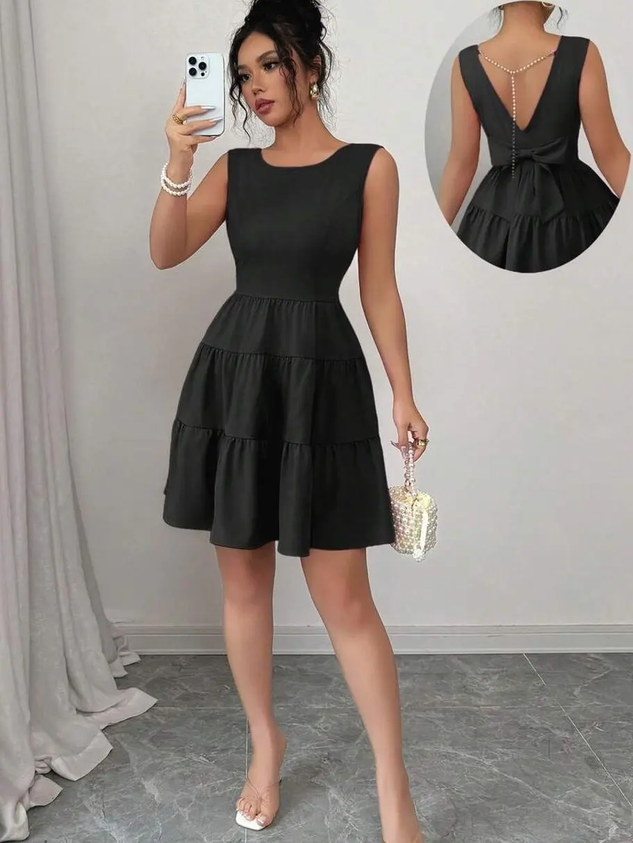 Sleeveless Skater Dress - Bow Decor Waist Cinched Flare Dress for Summer