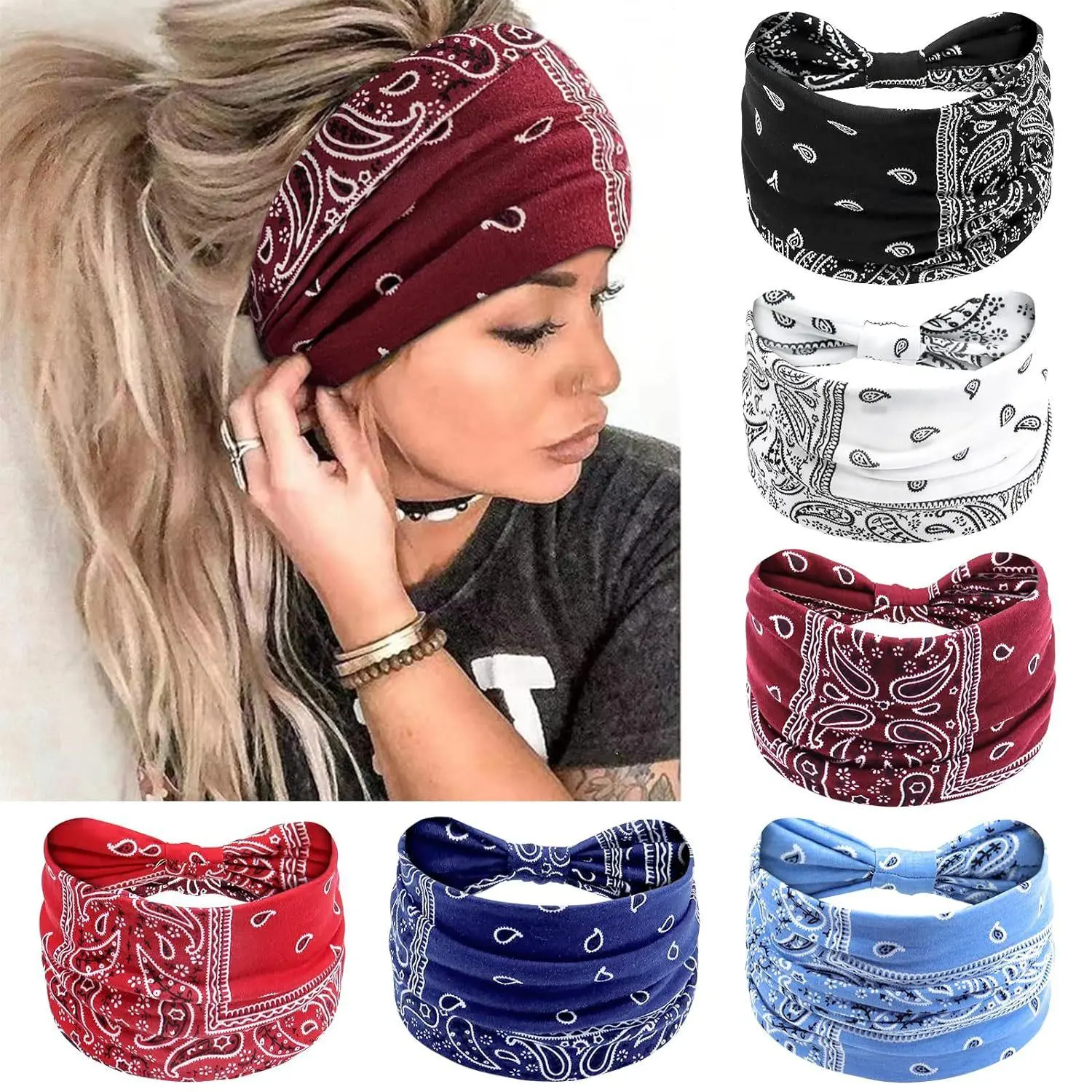 Women's No-Slip Nudo-Tied Wide Turban Fashion Headbands - 6-Piece Set with Floral Print, Paisley, Solid Color Cross Knot, Soft Boho African Style, Adjustable Polypropylene Face-Framing Hair Accessories for Bad Hair Days, Yoga